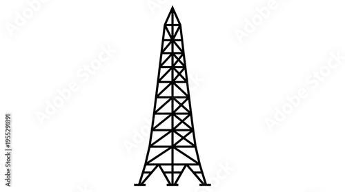 Thin line oil rig derrick tower illustration, industrial drilling structure on an isolated white background.