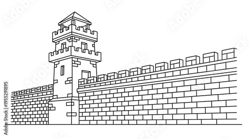 Great Wall of China section with watchtower, detailed historical fortress illustration on an isolated white background.
