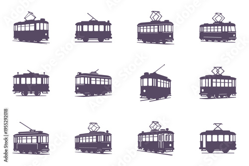 Set of vintage tram silhouettes in various positions