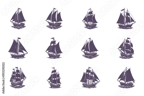 set of vintage sailboats on white background