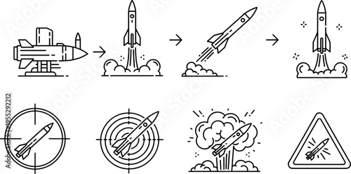 rocket launch sequence icons, missile trajectory illustration, space flight stages, explosion warning symbol, target system graphics, aerospace technology line icon set