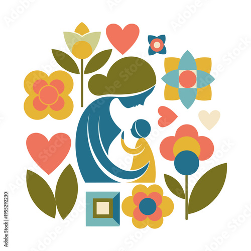 Mother Holding Baby Surrounded by Flowers.