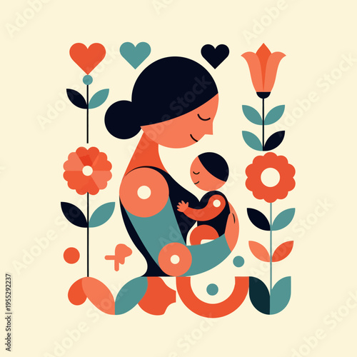 Mother Holding Baby in Floral Illustration.