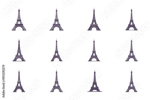 Collection of Eiffel Tower silhouettes on white background