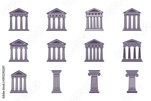 Set of ancient greek columns and buildings