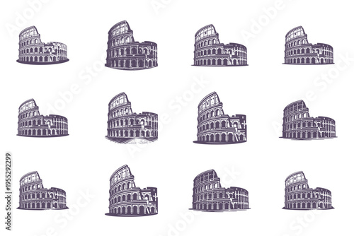 Collage of purple illustrations of Colosseum in various angles