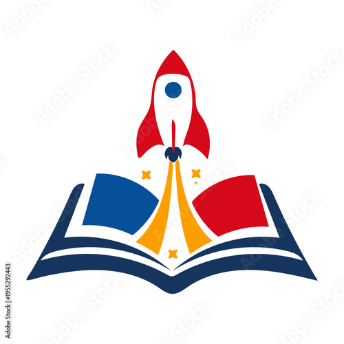 Rocket ship emerging from open book