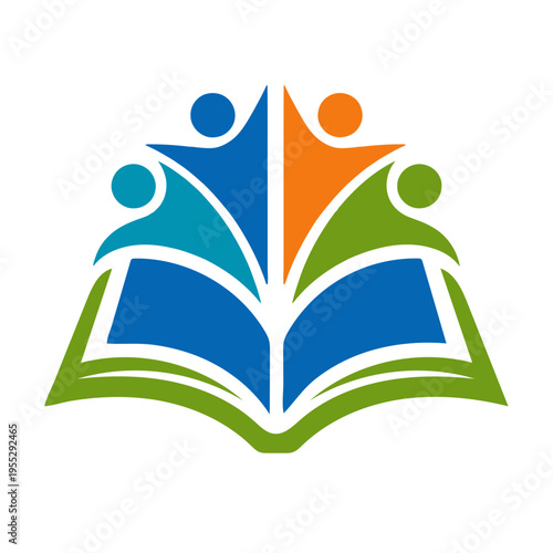 Colorful logo of people standing on an open book