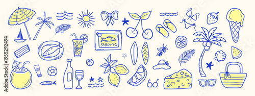 Hand Drawn Summer Beach Doodle Set. Travel Elements Drawing. Tropical Coastal Icons Sketch. Summer Trendy Modern Vector Illustration. Tropical coastal elements like palm trees waves surfboards sun per