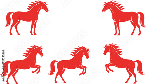 Red horse silhouette collection vector illustration, running and standing stallion icons set, elegant equine animal symbol design