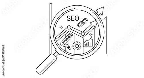 Search engine optimization analysis with a magnifying glass and graphical elements