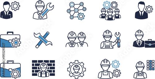 Construction and engineering icons set with workers, tools, gears, and management symbols, industrial service, maintenance, and workforce concepts in modern line vector illustration