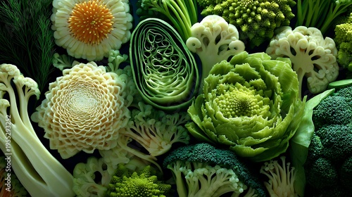 Intricate arrangement of carved and whole cruciferous vegetables creates an organic pattern