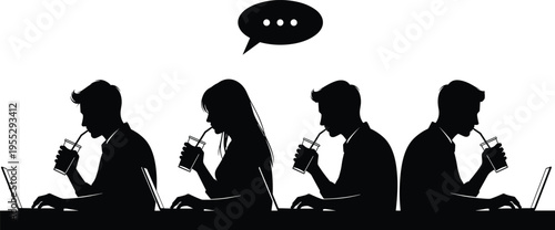 Silhouette of people working on laptops while drinking beverages with speech bubble, representing remote work, communication, multitasking and modern digital lifestyle concept illustration