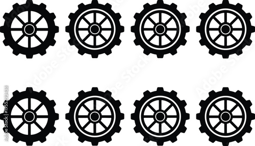 Set of eight black silhouette gears and cogs arranged in two rows on a white background, representing industry and mechanics.