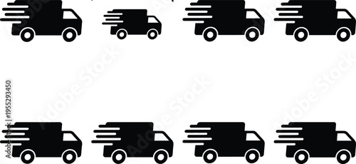 Eight black silhouette delivery trucks with motion lines, displayed in two rows on a white background, symbolizing logistics and transport.