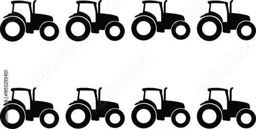 Collection of eight black silhouette tractors arranged in two rows on a white background, representing agriculture and farming.
