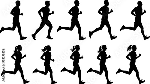 Running silhouettes male female collection, jogging motion poses, athletic runners set, fitness training illustration, marathon exercise design, active lifestyle concept