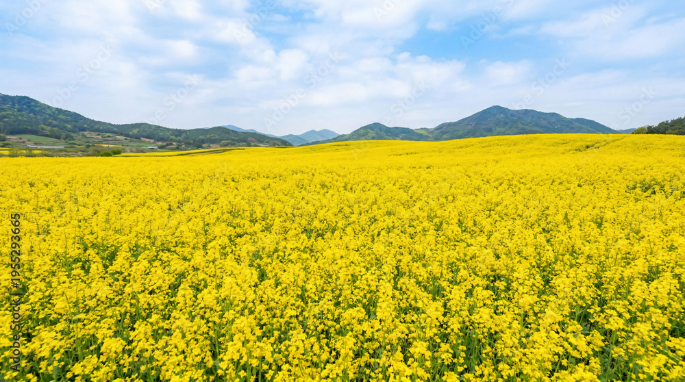 Obraz premium Yellow Canola Flower Field Landscape in Spring with Mountains and Blue Sky