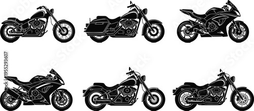 Black motorcycle silhouette set, cruiser, chopper, touring bagger, sportbike collection, isolated on white background, vector style, transportation design illustration