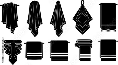 Towel icons set, bathroom towel silhouettes collection, hanging folded fabric towels, hygiene textile symbols, household bathroom accessory illustration