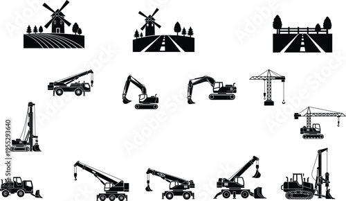 Construction machinery and rural landscape silhouette set, excavator, crane, bulldozer, road and windmill icons, industrial vector illustration collection