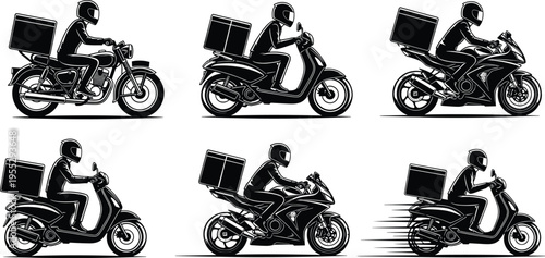 Delivery rider motorcycle set, courier scooter and sportbike collection, food delivery transport icons, black silhouette vector illustration bundle