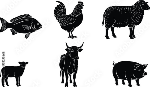 Farm animal silhouette set with fish, chicken, sheep, lamb, cow and pig, black livestock collection, isolated vector illustration bundle