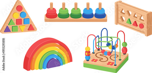 Wooden educational toys set, rainbow stacker, shape sorter, bead maze, stacking rings, toddler learning toys vector illustration