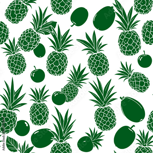 green tropical pineapple mango seamless pattern on white background minimal fruit illustration fresh exotic summer textile surface design