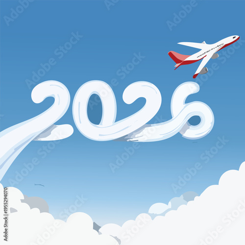 Airplane flying above clouds with 2026 text against a blue sky background