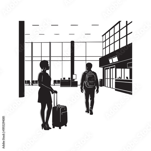 People walking in airport terminal with luggage