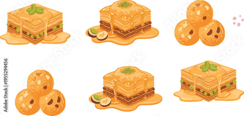 Baklava and Sweet Dessert Cartoon Vector – Middle Eastern Pastry Illustration
