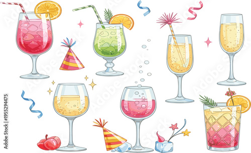 Champagne celebration drinks collection with sparkling wine glasses cocktails bottle ice bucket festive party vector illustration set