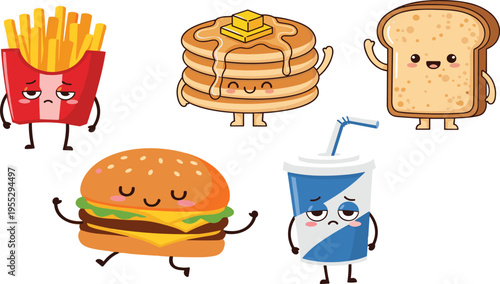 Cute Fast Food Cartoon Characters – French Fries, Burger, Soda, Pancakes, Toast Vector Illustration