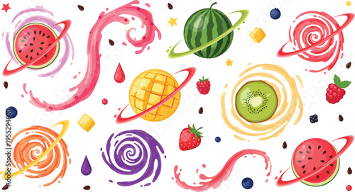 Fruit Galaxy Illustration Set with Watermelon, Kiwi, Mango and Berry Planets, Cosmic Juice Swirls and Colorful Space Vector Collection