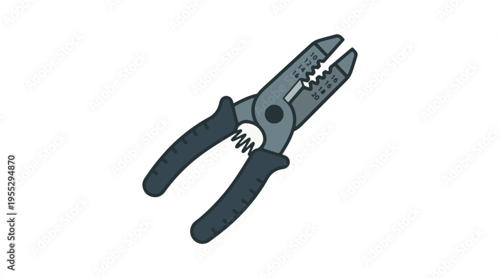 Fototapeta premium An illustration of a grey and black wire stripper tool with gauge markings on its jaws and a visible spring mechanism, set against a plain white background.