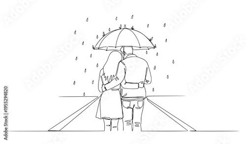 Continuous one line drawing couple walking under umbrella in rain back view romantic minimal vector illustration isolated on white