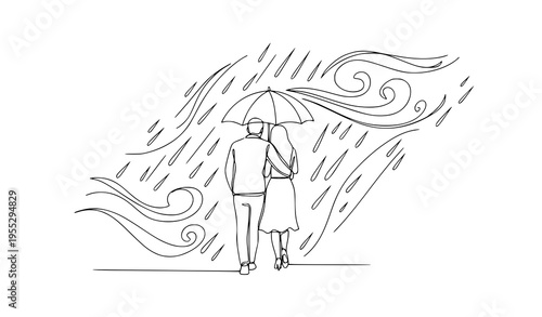 Abstract continuous line drawing couple in love walking in rain with umbrella modern romantic vector isolated on white background