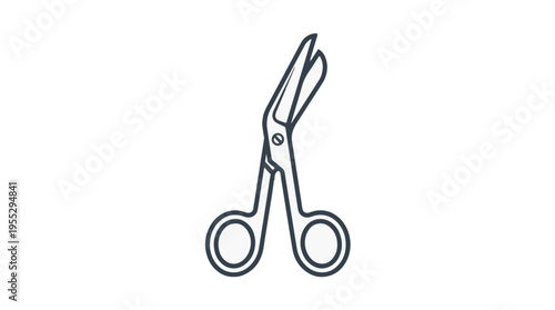 A minimalist line art icon depicts a pair of trauma shears or bandage scissors, featuring an angled design and blunted tips, on a white background.