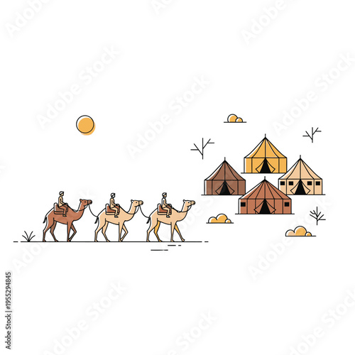 Caravan of camels with riders crossing desert landscape.