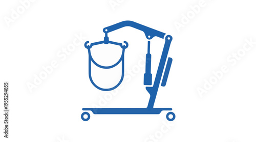 Blue graphic icon of a mobile patient lift or medical hoist with a U-shaped sling, designed for transferring individuals with mobility issues.