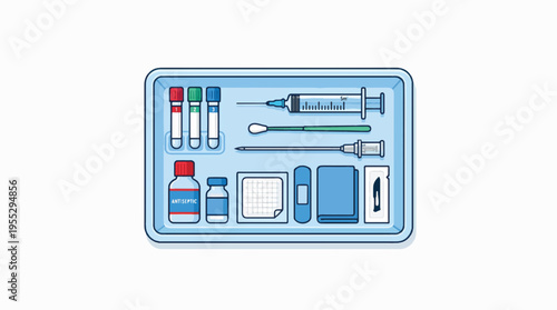 A light blue medical tray containing an assortment of healthcare supplies: syringe, blood collection tubes, antiseptic, needles, a swab, bandage, gauze, and a scalpel.