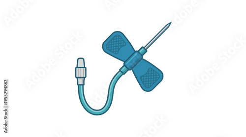 An illustration of a blue butterfly needle (winged infusion set) featuring a sharp needle, flexible tubing, and a Luer lock connector, used in medical procedures.