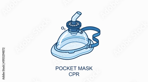 A blue and white illustration of a pocket mask with an oxygen port labeled O2 and straps. Text below reads POCKET MASK CPR.