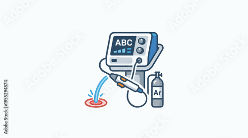 A medical device icon showing an Argon plasma coagulation unit with a machine, handpiece emitting a blue stream, and an 'Ar' cylinder, implying a surgical or therapeutic application.