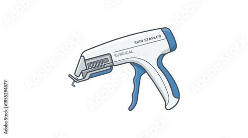 A white and blue surgical skin stapler, labeled SKIN STAPLER and SURGICAL, designed for wound closure, featuring a trigger and loaded staple cartridge.