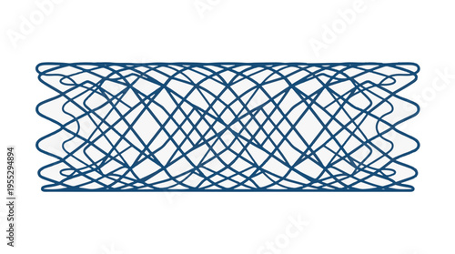 A dark blue intricate wire mesh cylinder, resembling a medical stent or implant, on a white background. The cylindrical structure features a complex, repeating lattice pattern of interwoven 