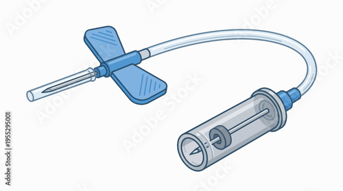 A sterile butterfly needle set with a plastic hub, tubing, and a vacuum collection tube holder, used for blood draws and IV infusions.