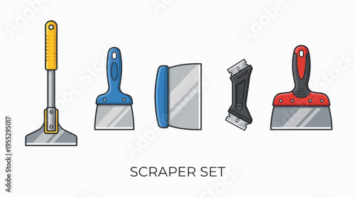 A vector illustration displaying a set of five different types of scrapers and putty knives with various handles and blades, suitable for construction or DIY tasks.